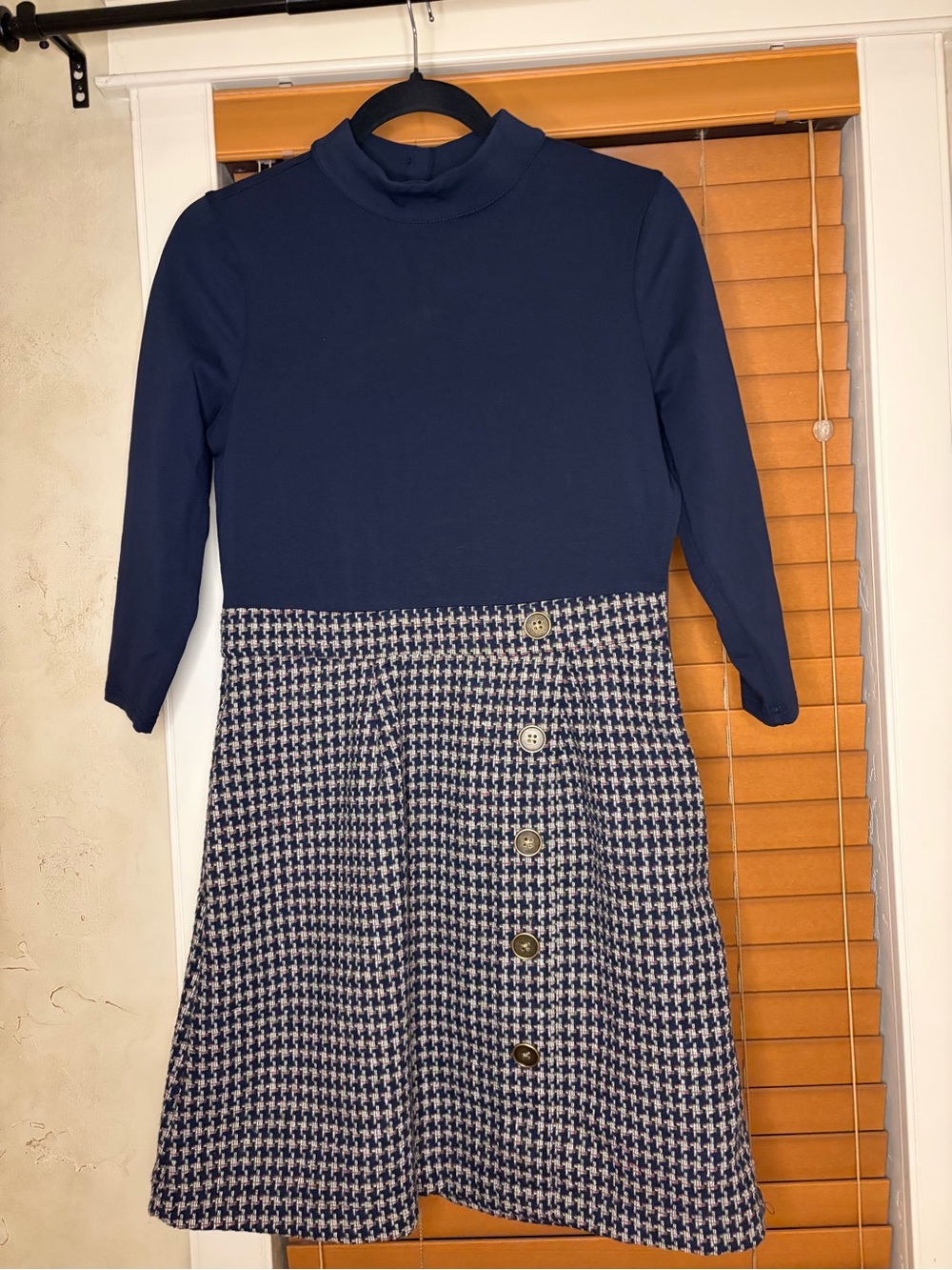 ModCloth Navy Mock Neck Dress with Houndstooth Skirt